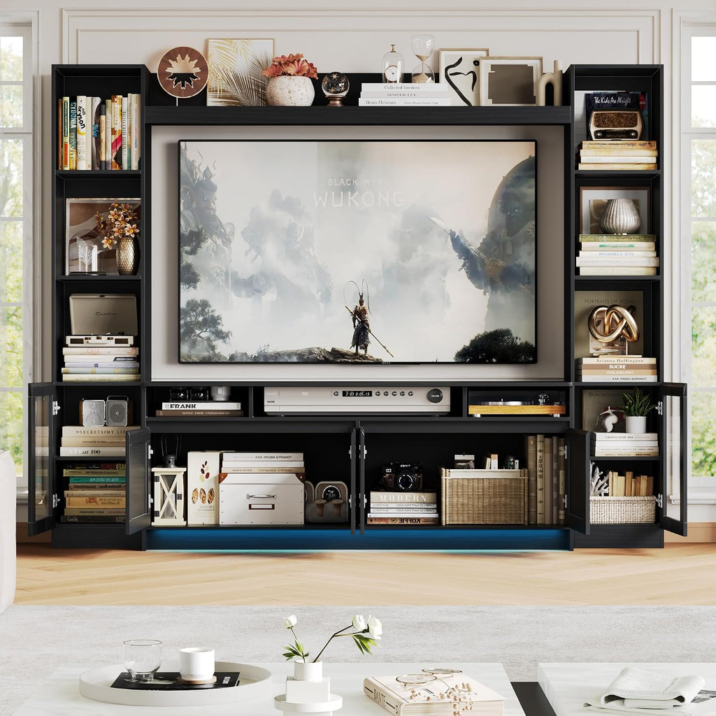 Black LED Storage Wall Unit TV Console Stand