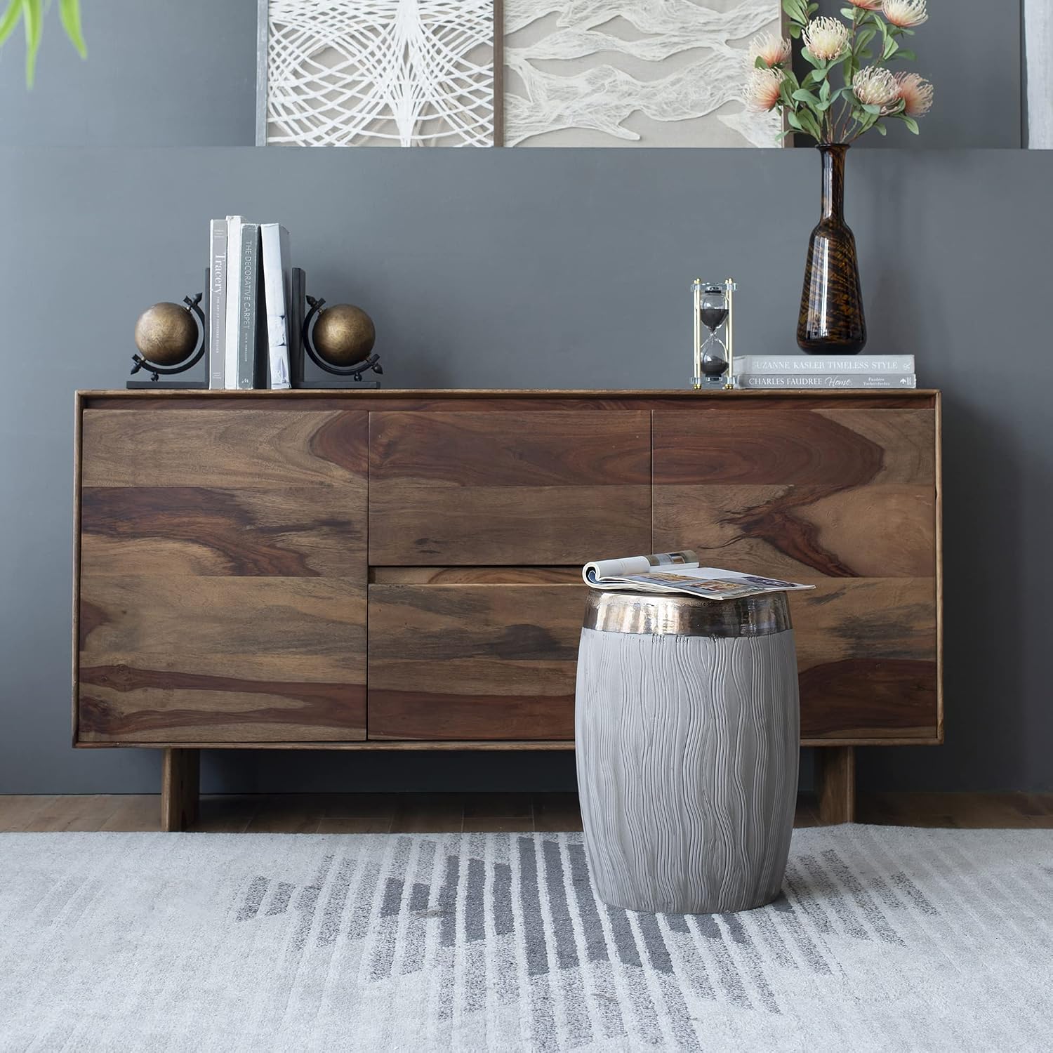 Wave Pattern Ceramic Drum Multipurpose Accent Stool