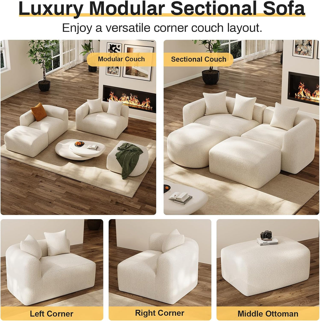 Cream Chenille Curved Cloud Sectional Sofa with Ottoman