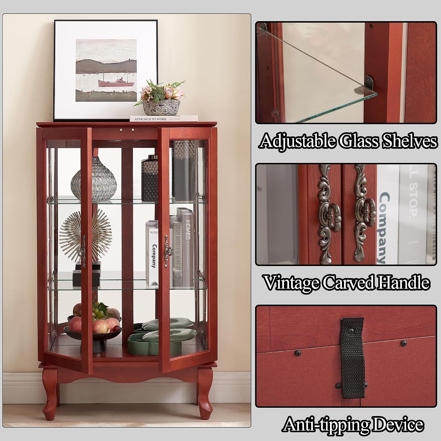 Cherry Lighted Mirrored Back Glass Curio Cabinet