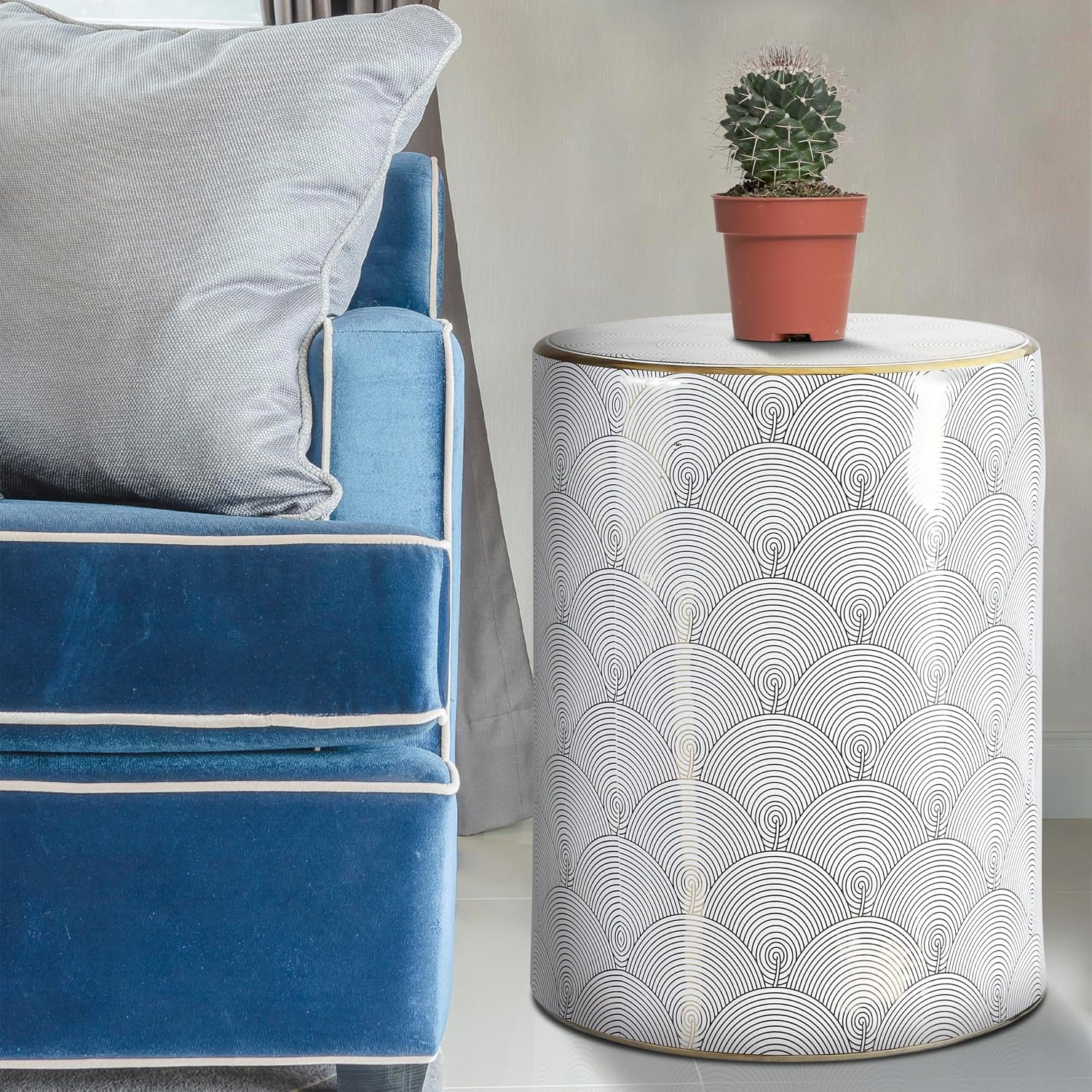 White Gold Fish Scale Ceramic Drum Garden Stool