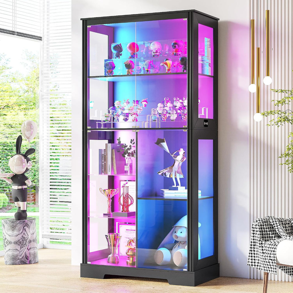 Black Tall RGB Light Glass Display Curio Cabinet