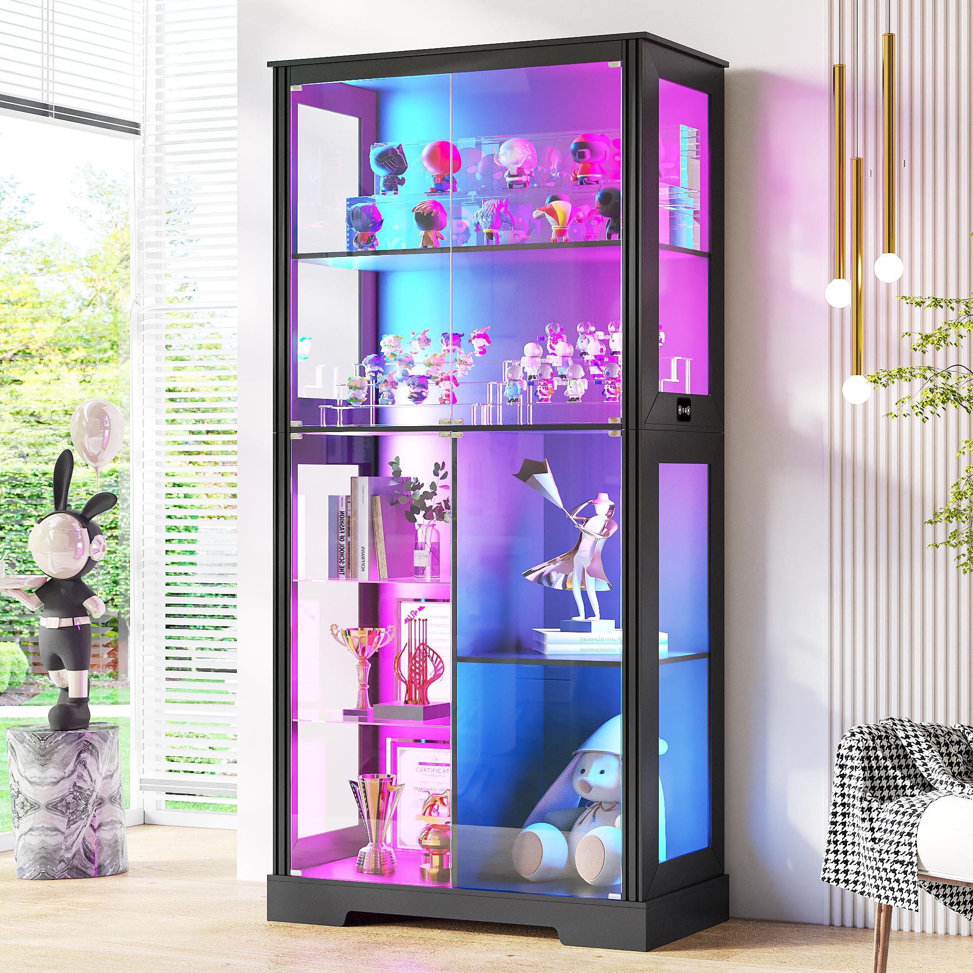 Black Tall RGB Light Glass Display Curio Cabinet