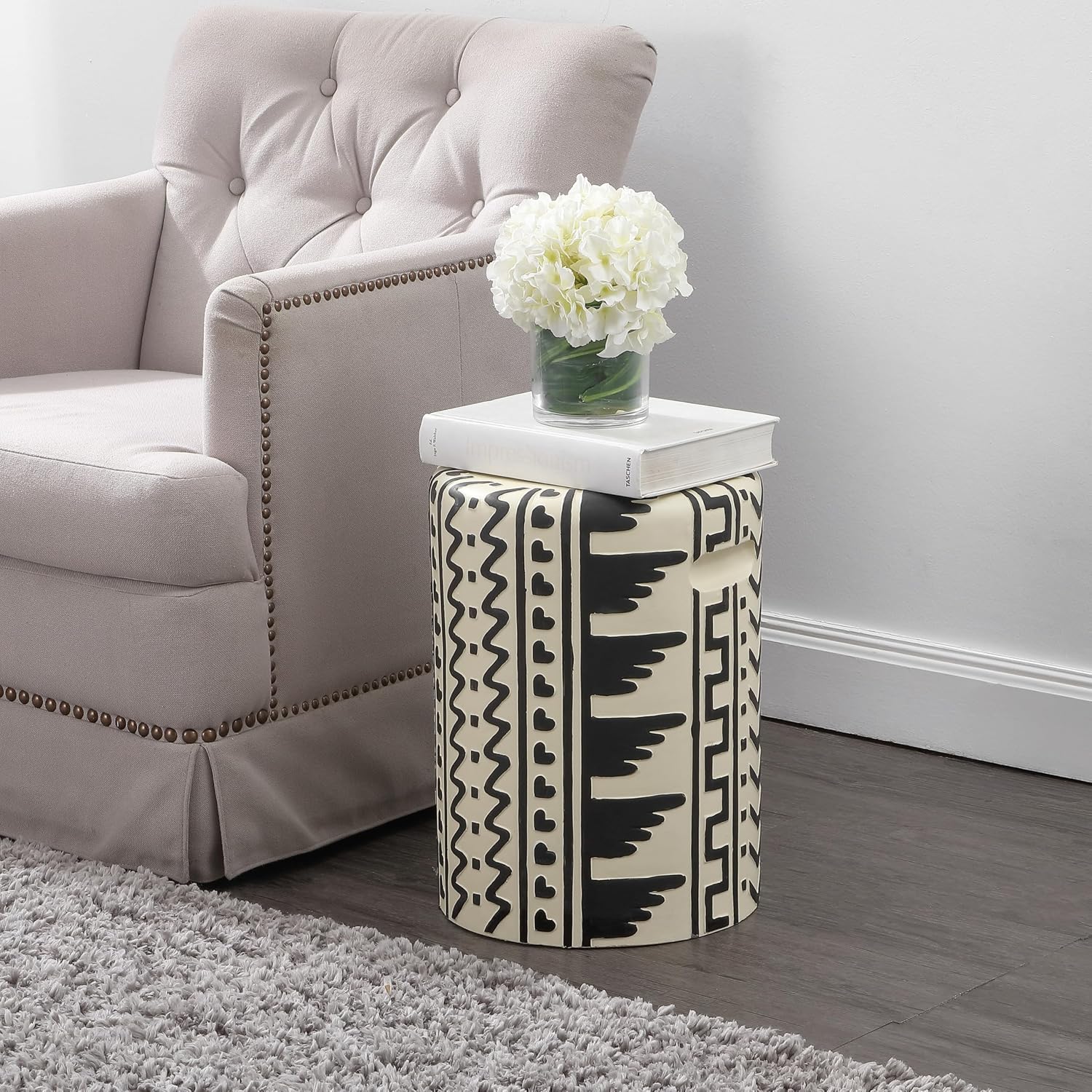 Black Cream Geometric Concrete Drum Stool with Handles