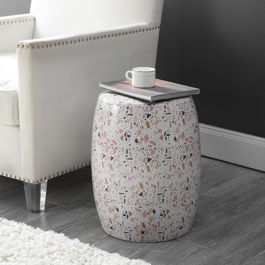White Pink Terrazzo Ceramic Drum Stool
