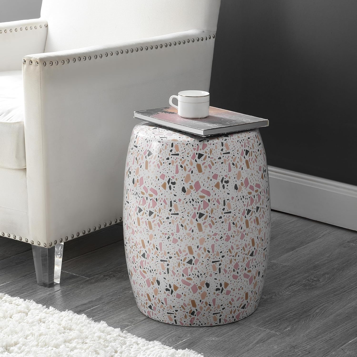 White Pink Terrazzo Ceramic Drum Stool