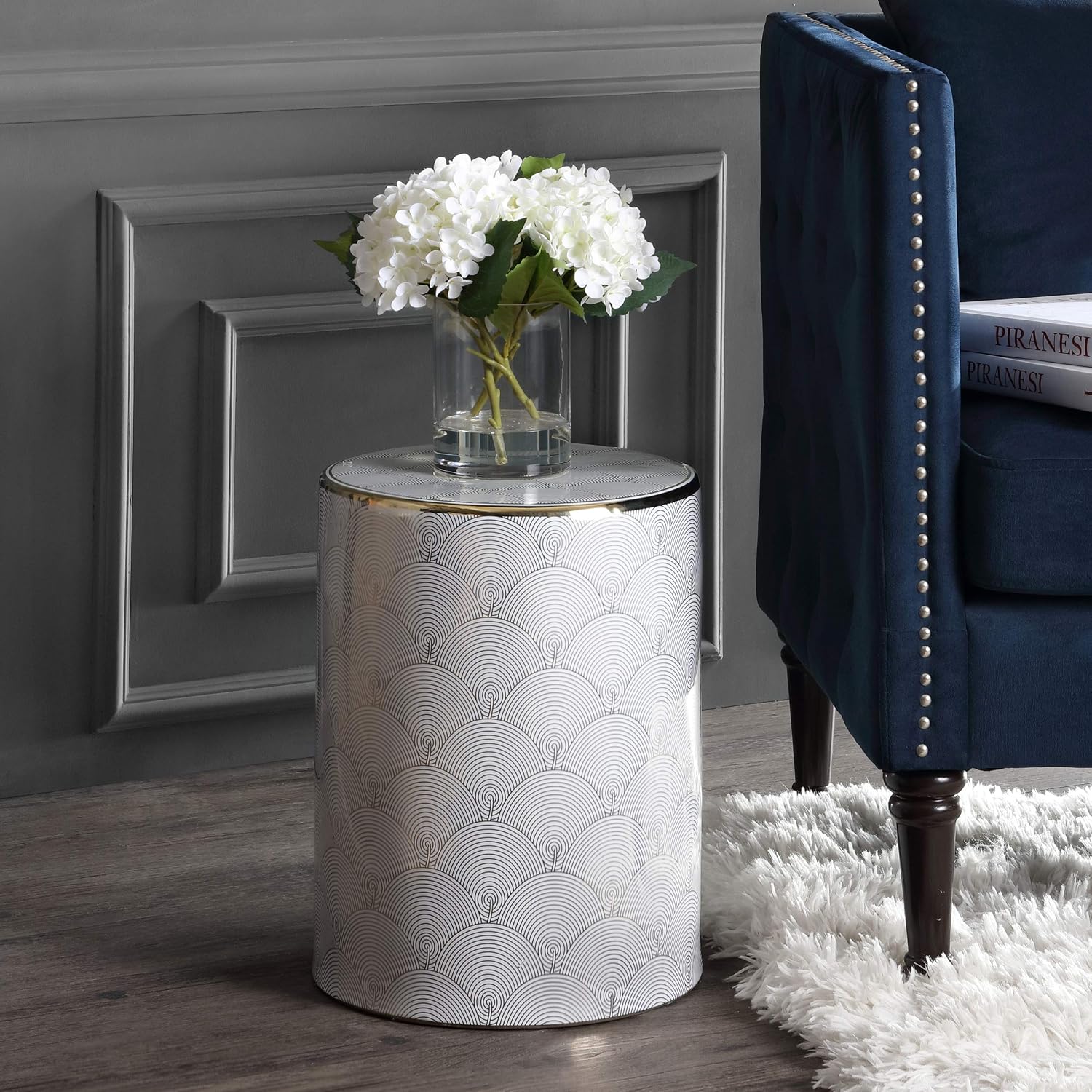 White Gold Fish Scale Ceramic Drum Garden Stool