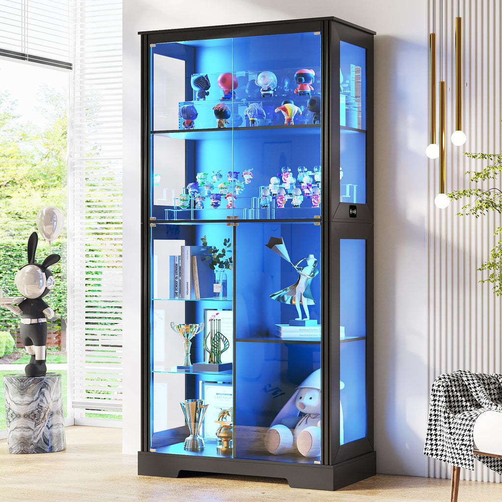 Black Tall RGB Light Glass Display Curio Cabinet