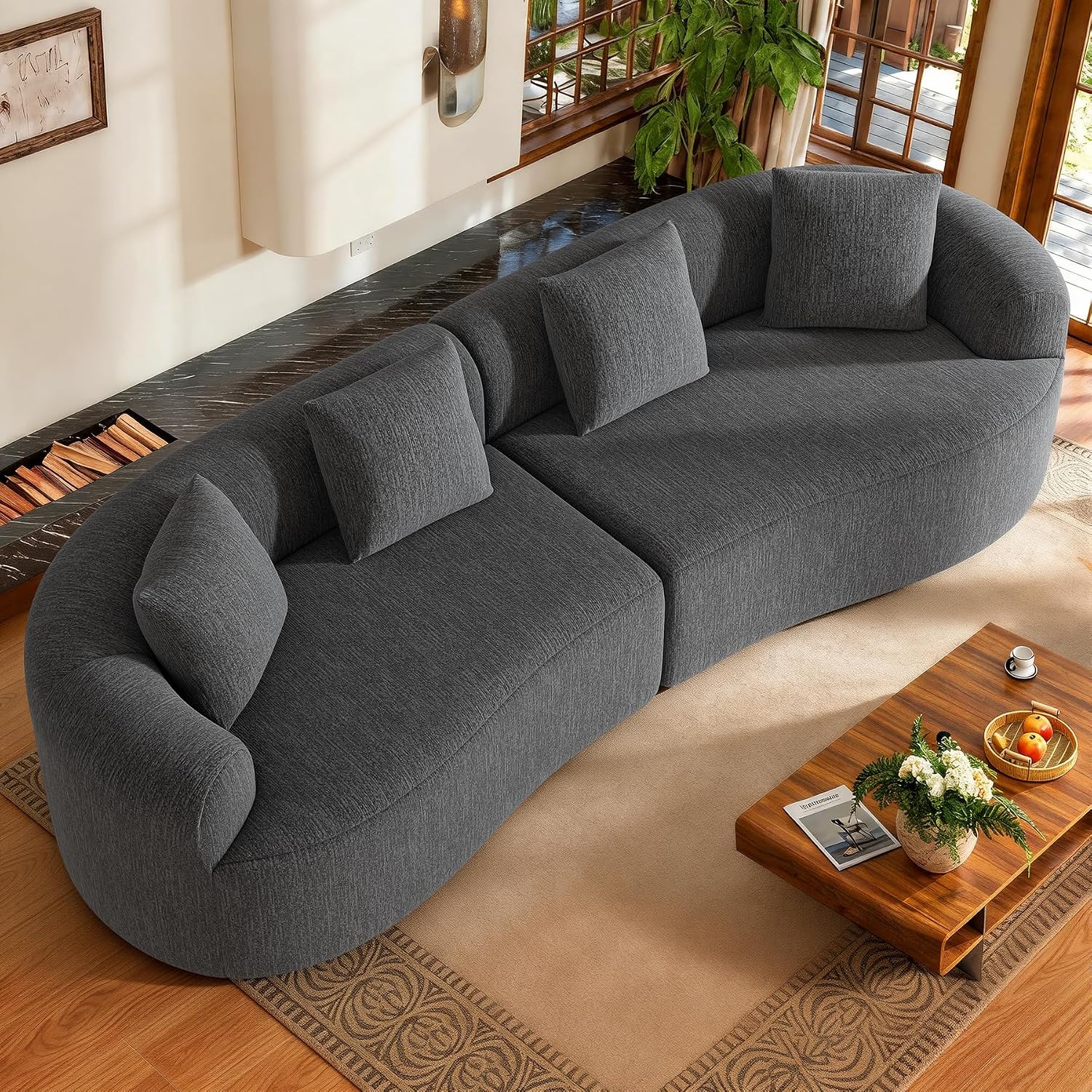 Black Boneless Deep Seat Curved Cloud Modular Sofa