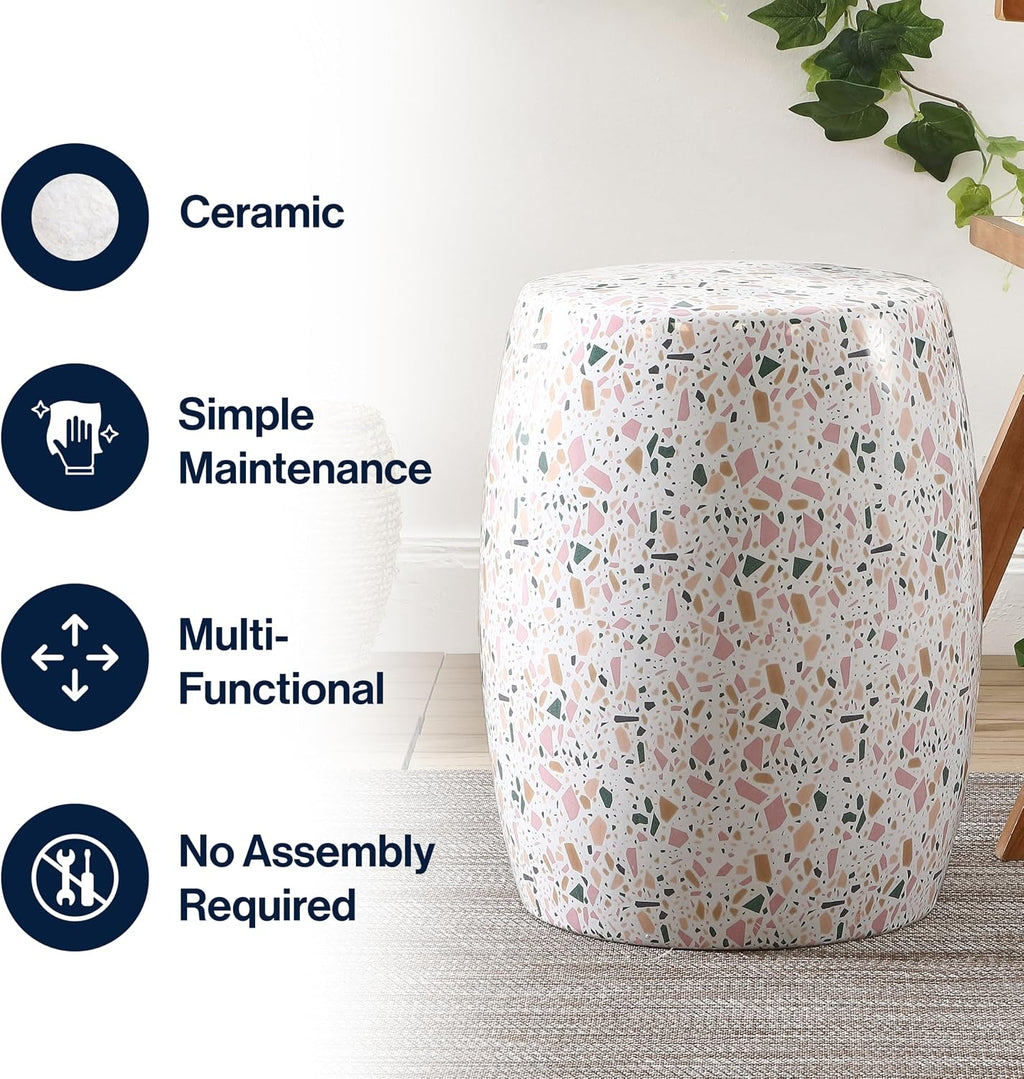 White Pink Terrazzo Ceramic Drum Stool