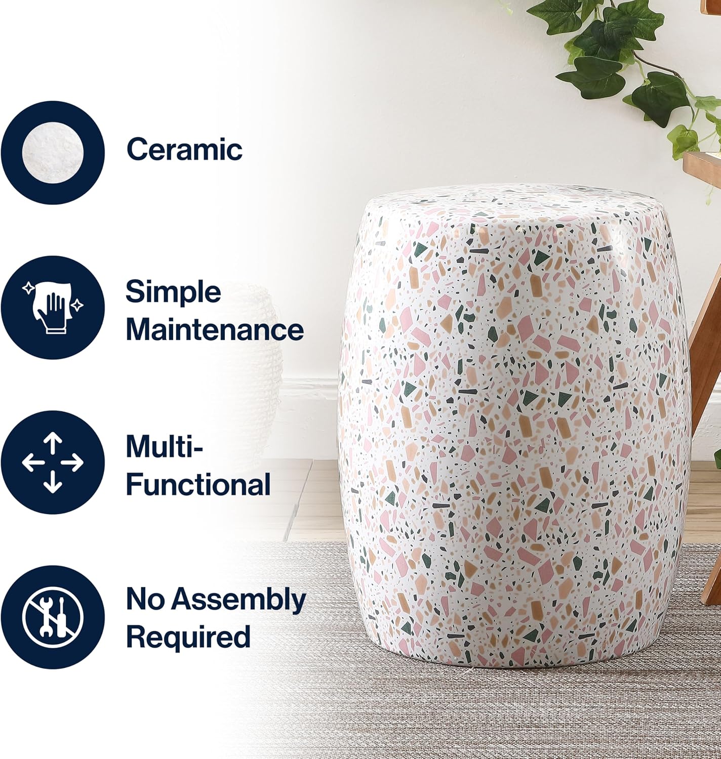 White Pink Terrazzo Ceramic Drum Stool