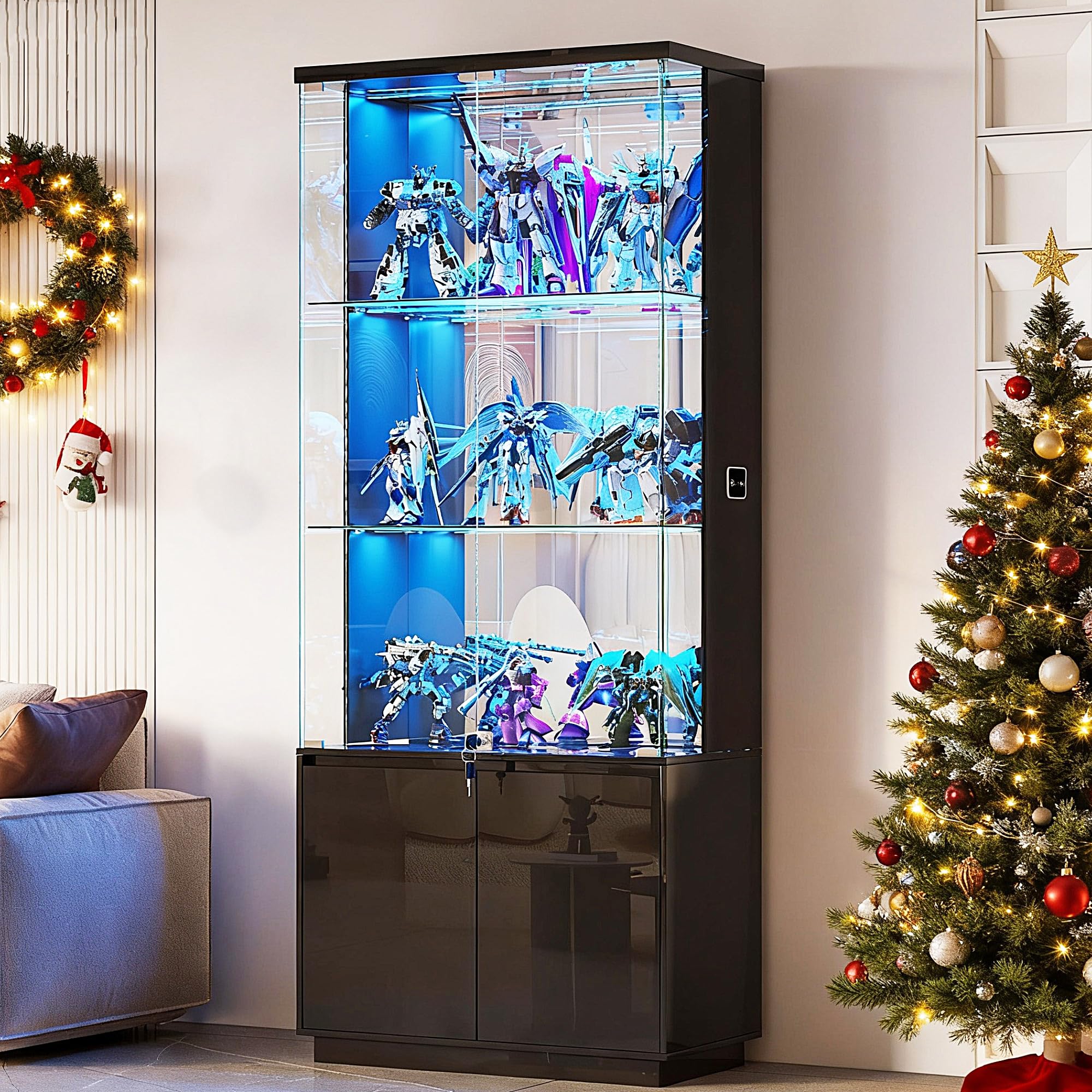 Black Tall Lockable LED Glass Display Cabinet