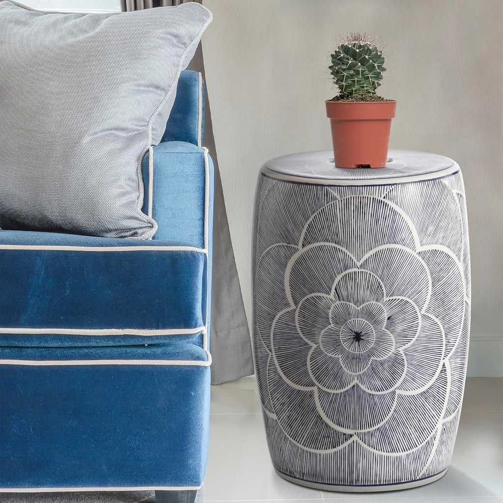 Blue White Floral Pierced Ceramic Drum Stool