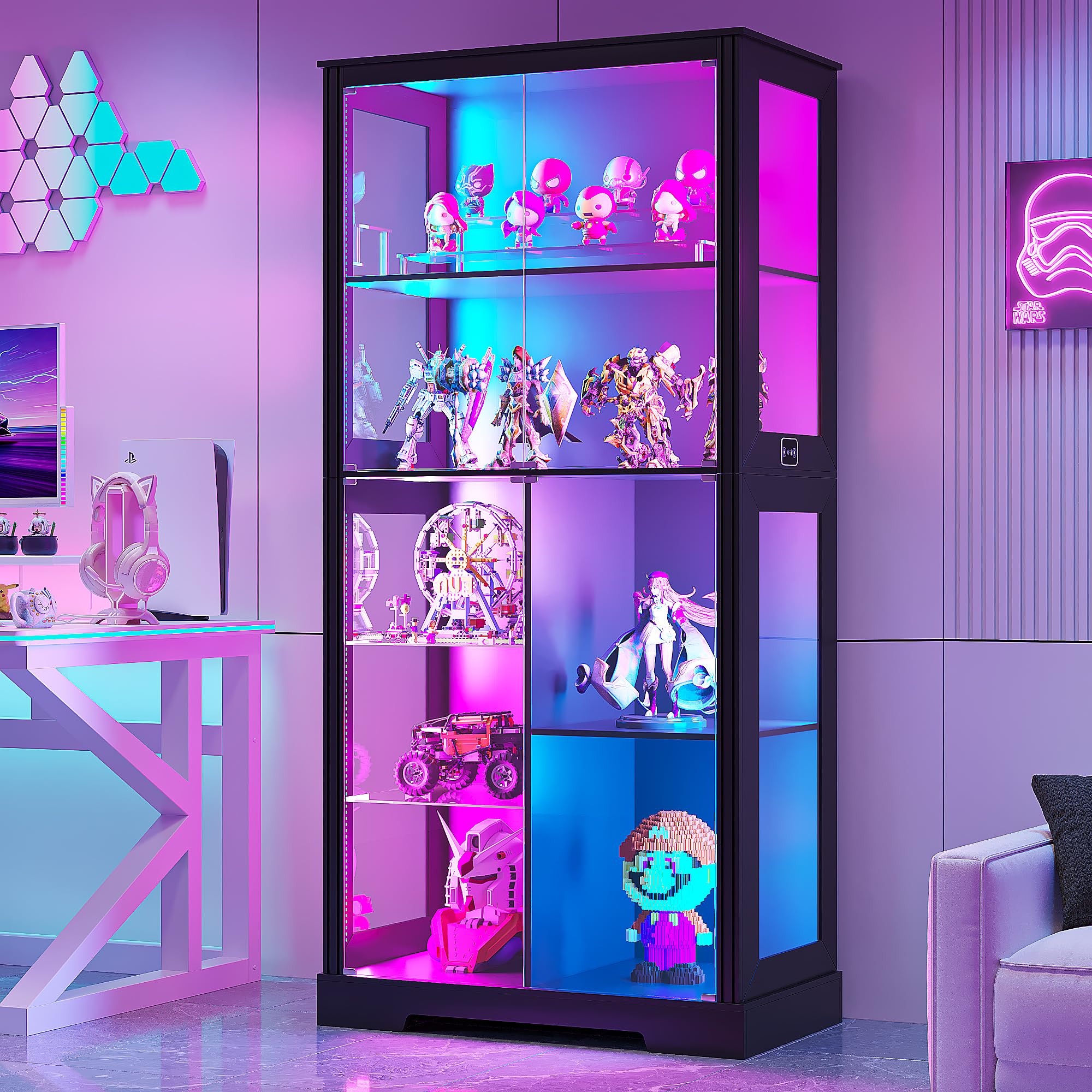 Black Tall RGB Light Glass Display Curio Cabinet