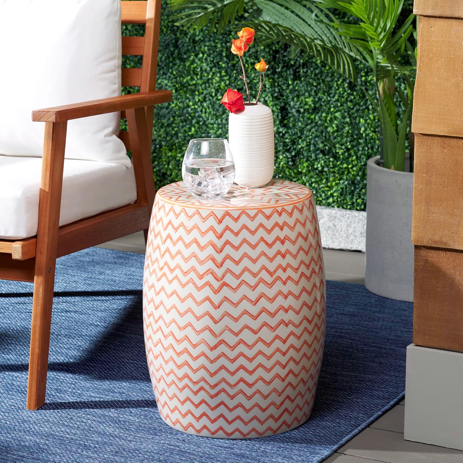 White Orange Chevron Ceramic Indoor Outdoor Stool