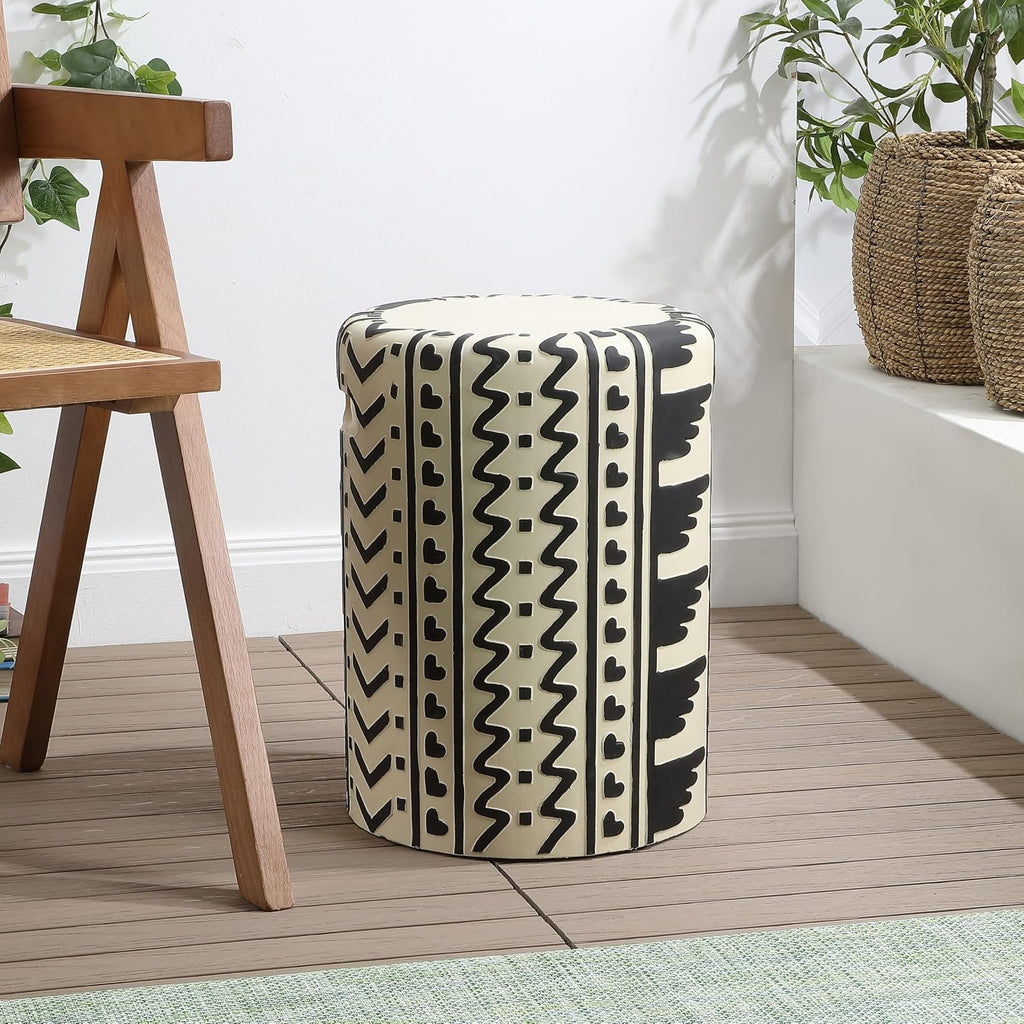 Black Cream Geometric Concrete Drum Stool with Handles