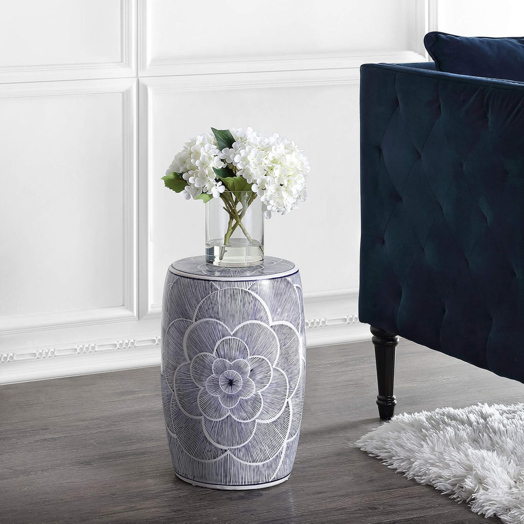 Blue White Floral Pierced Ceramic Drum Stool
