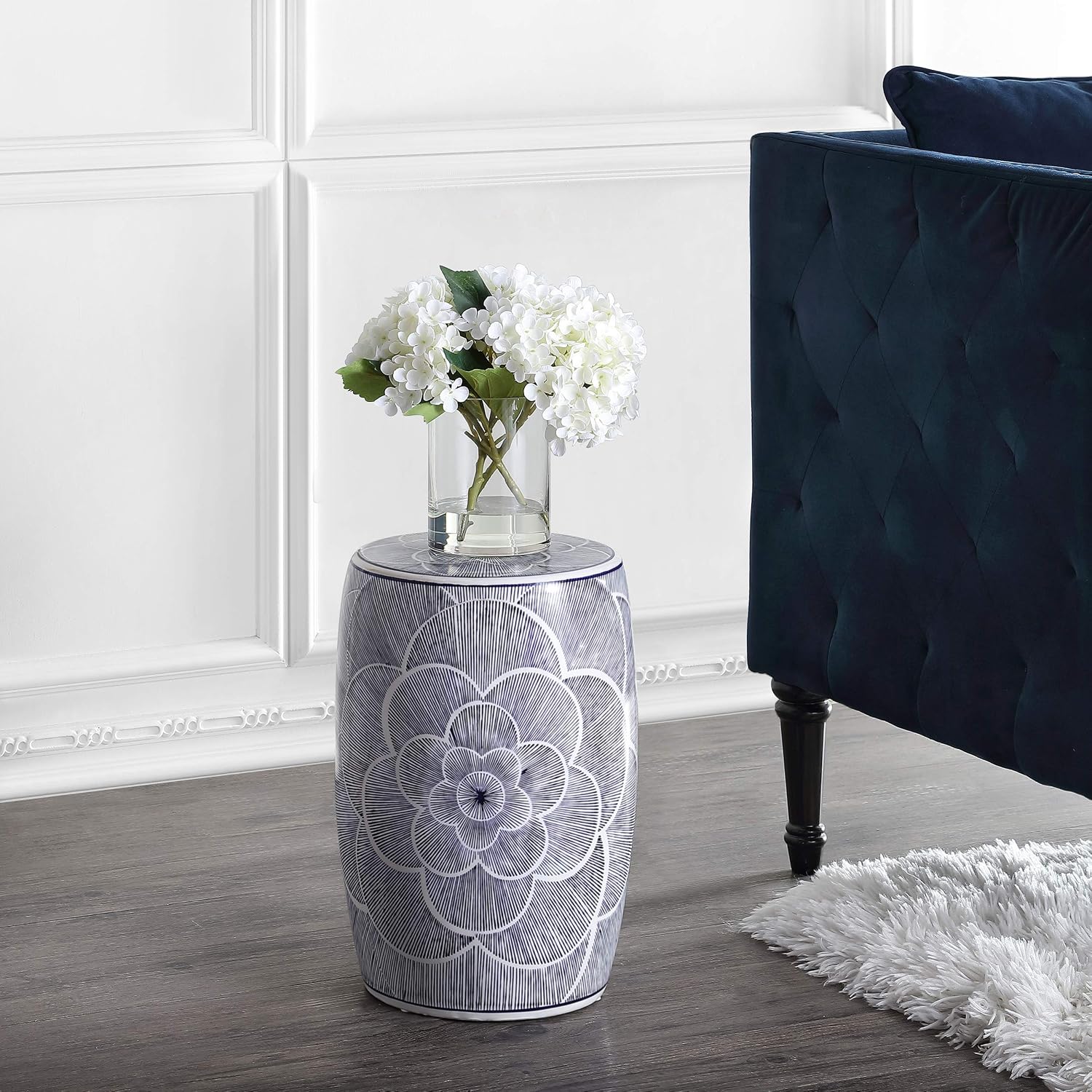Blue White Floral Pierced Ceramic Drum Stool