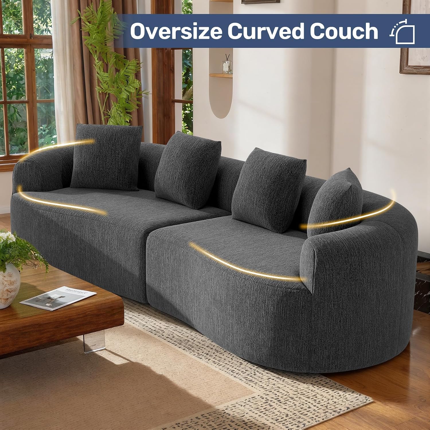 Black Boneless Deep Seat Curved Cloud Modular Sofa