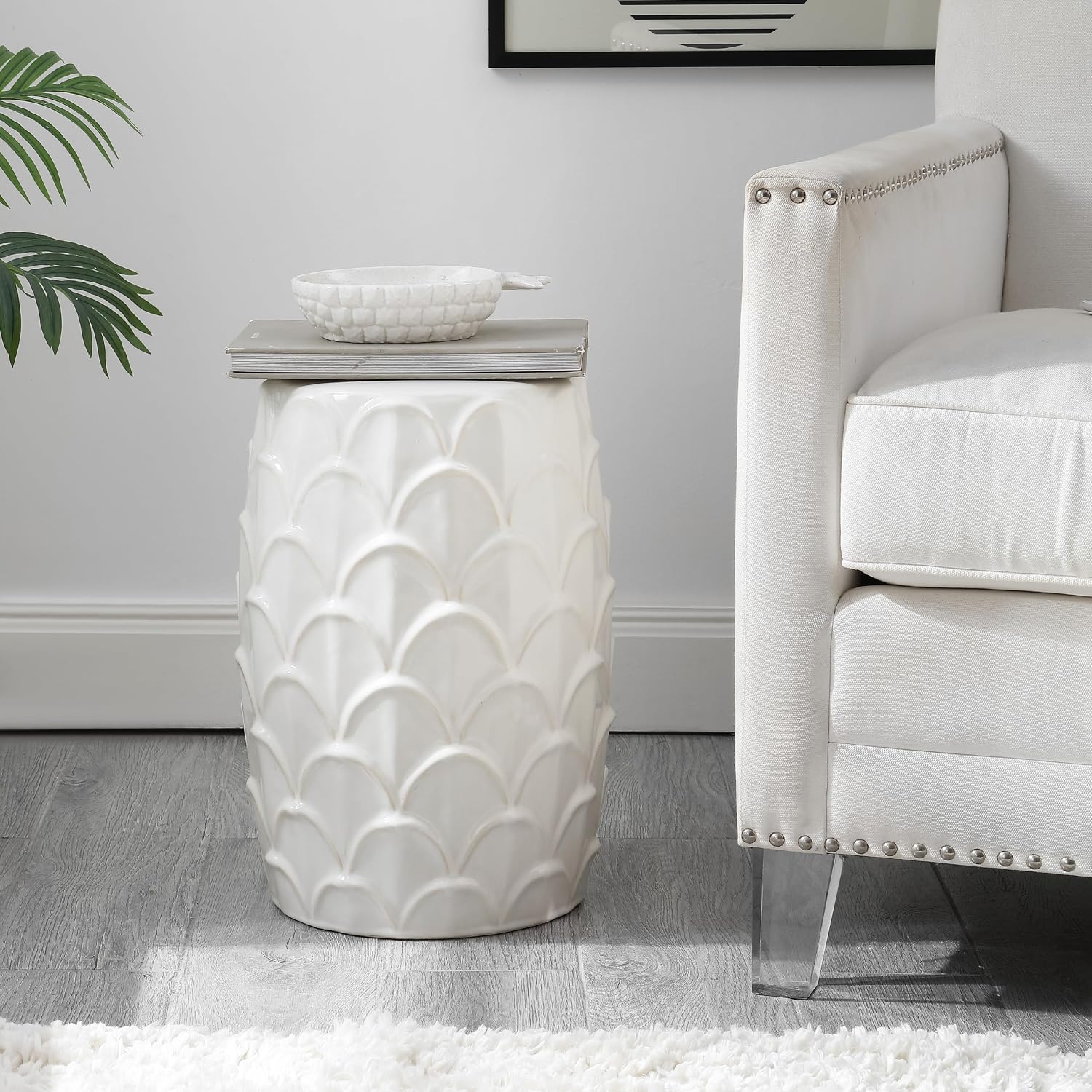 Cream Scalloped Coastal Ceramic Garden Accent Stool
